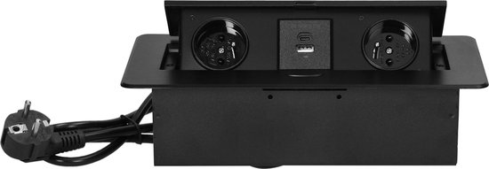 Bureau stekkerdoos met USB A&C - Pop up stekkerblok met 2 stopcontacten- Inbouw Verdeelstekker met RVS afwerking - Verdeeldoos met 1.5 meter kabel - voor max. 3680 Watt - Penaarde - Zwart