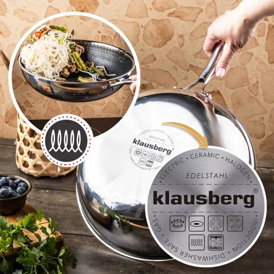 Klausberg 9024 - Wokpan, antiaanbaklaag met honingraatstructuur - 28 cm - 3-laags - 304 roestvrij staal - PFOA-vrij