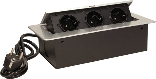 Pop up Stekkerdoos met 2 stopcontacten en USB-A & C - Inbouw Verdeelstekker met RVS afwerking - Stekkerblok met 1.5 meter kabel - Verdeeldoos voor max. 3680 Watt - Zilver