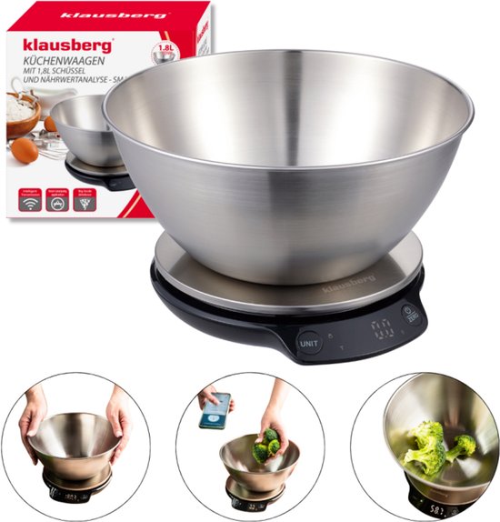 Klausberg KB-7939 Slimme Keukenweegschaal – 1,8L RVS Kom – Bluetooth & App – 5kg / 1g Precisie – LED Display