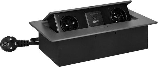 Bureau stekkerdoos met USB A&C - Pop up stekkerblok met 2 stopcontacten- Inbouw Verdeelstekker met RVS afwerking - Verdeeldoos met 1.5 meter kabel - voor max. 3680 Watt - Penaarde - Antraciet