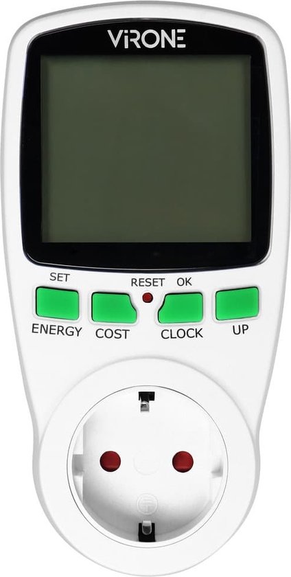 Energiemeter Verbruiksmeter elektriciteit max. 3680 Watt - Verbruiksmeter met LCD-display - Kwh meter voor in stopcontact Schuko - Stroomverbruik meter voor thuis - Energiekostenmeter met tijd - Wit