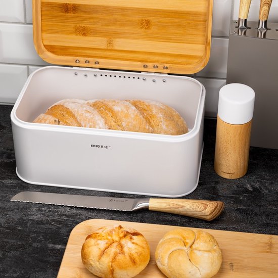 KINGHOFF - Broodtrommel - Brooddoos - Compacte Broodbox met Deksel - Brood Bewaarbox Keuken - Moderne Broodtrommel - Staal - 30 x 20 cm - Wit