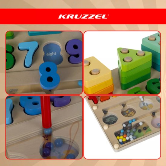 Kruzzel Houten Montessori sorter 3-in-1 – magnetisch doolhof, vormen en cijfers voor kinderen vanaf 3 jaar