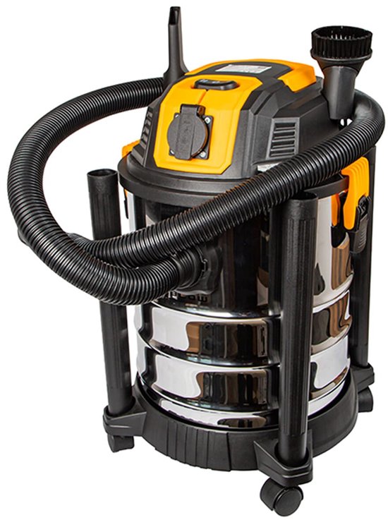 Blow Bouwstofzuiger 1300W + Stopcontact 2000W - 25L - 240V - 4 meter Snoer - Nat & Droog zuiger - Zwart/Geel
