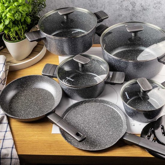 Klausberg 7832 - 12-delige Marmeren Pannenset in Grijs - Compleet en Functioneel Kookgerei met Glazen Deksels