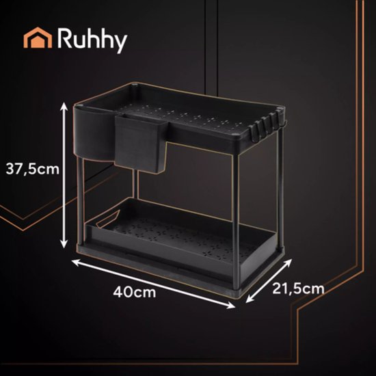 Ruhhy gootsteen organizer 2-laags – zwart rek met uittrekbare planken voor keuken en badkamer