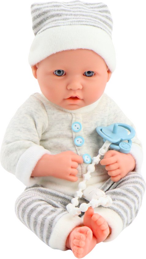 Levensechte babypop - wit/grijs gestreept - 35x16x10 cm - incl accessoires
