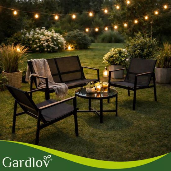 Gardlov 4-delige tuinmeubelset voor balkon of terras met tweezitsbank, 2 stoelen en tafel met glazen blad