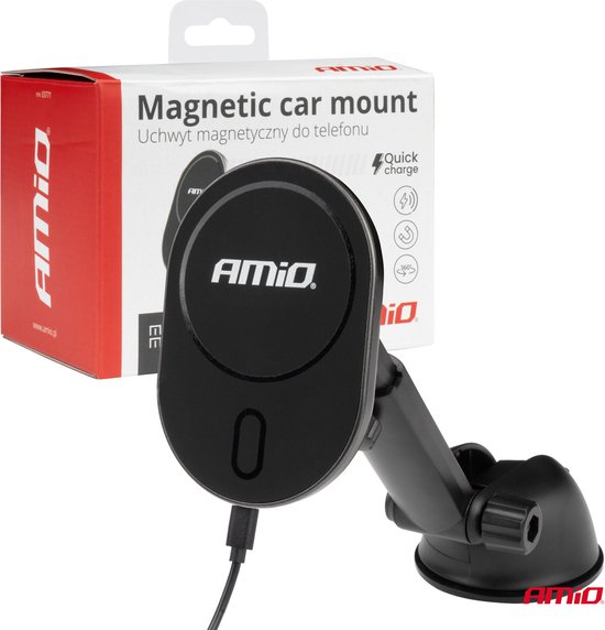 AMiO Magnetische Autohouder met 15W Qi Draadloze Oplader en MagSafe - Verstelbare Arm en Zuignap Zwart