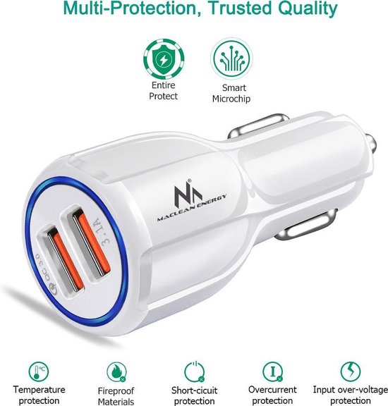 Maclean MCE478 W USB-oplader met 2 sleuven 12-24V sigarettenaansteker Quick Charge 3.0 Snelladen auto 1xQC3.0 5V / 3A, 9V / 1.8A, 12V / 1.6A 1x 5V / 3.1A Auto-oplader voor mobiele telefoon Wit