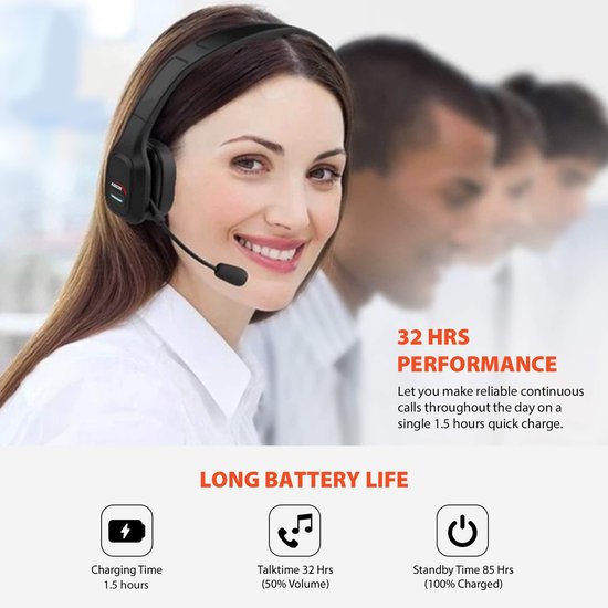 Bluetooth Hoofdtelefoon met Ruisonderdrukking-  Handsfree draadloos-  32 uur gesprekstijd