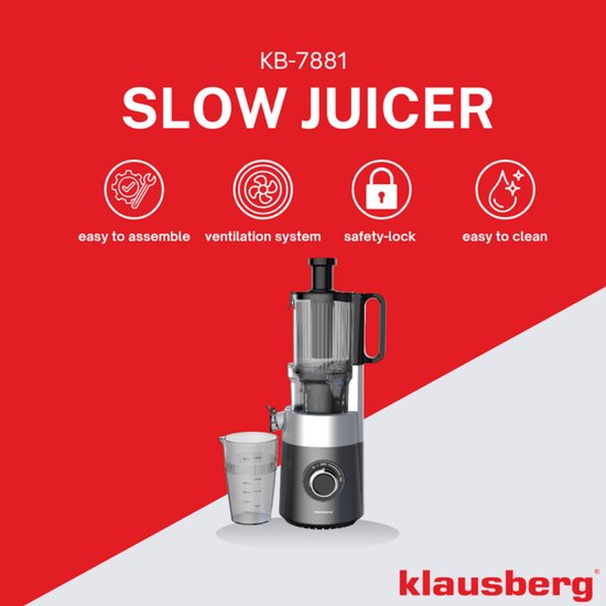Klausberg KB-7881 Slowjuicer – Groenten- en Fruitpers | Cold Press | Brede XXL 113mm Invoer | RVS Behuizing | Stille Werking