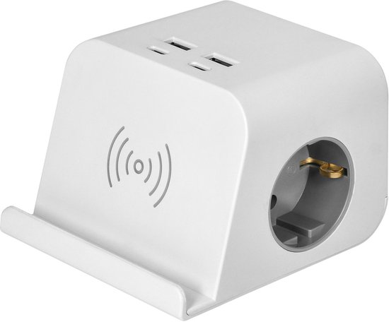 Bureau stekkerdoos met USB A & C en draadloze oplader - Verdeelstekker met kabel - Verdeeldoos met schroefklem - Stopcontact met splitter 2 voudig - Wit