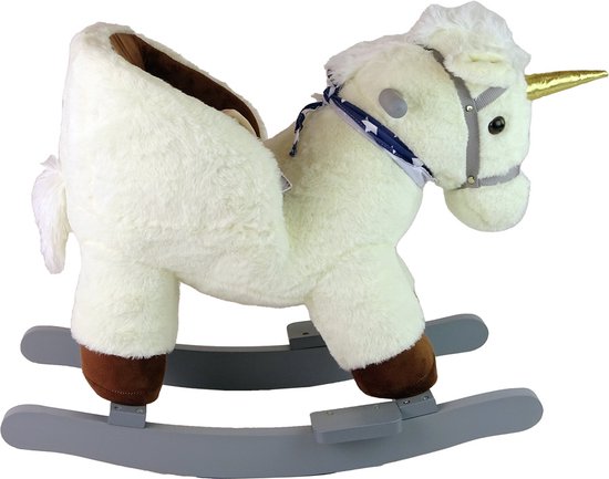 Lean Toys Hobbelpaard Wipstoel Witte Eenhoorn - Met geluid - 48 x 60 x 33 cm - Schommelstoel