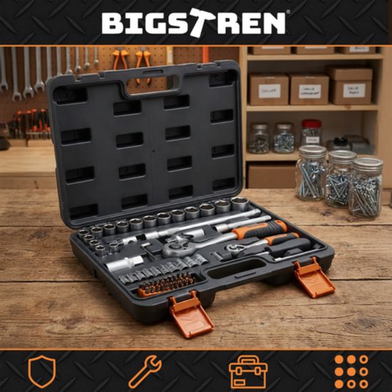 Bigstren Professionele 72-delige doppen en ratelset met CrV gereedschap voor huis en auto