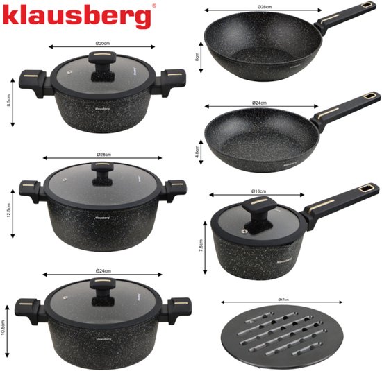 Klausberg KB-7968 Pannenset | 12-Delig | Marmer Anti-aanbaklaag | Inclusief Wok Pan | Geschikt voor Inductie | Pannen set | Glazen dekels