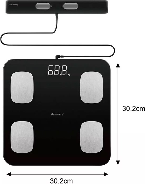 Klausberg 7852 - Slimme Bluetooth Personenweegschaal met Lichaamsanalyse en Handgreep – Gewicht, BMI, Vetpercentage, Spiermassa, Kleurendisplay - zwart