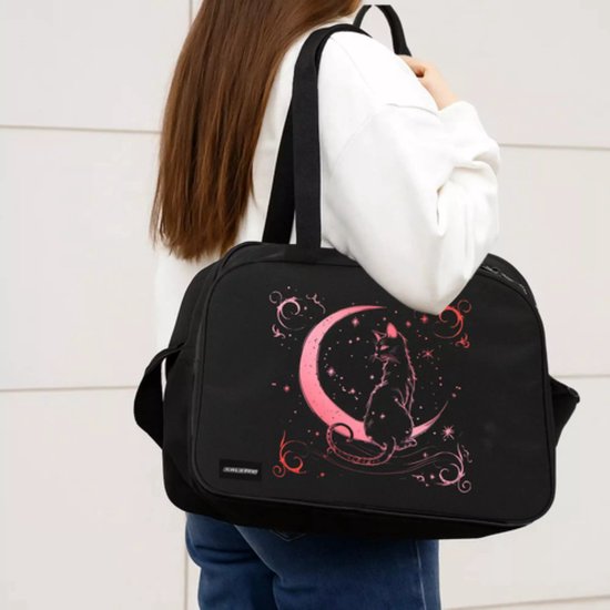 Kruzzel schooltas 13L zwart met roze kattenprint – verstelbare band en sleutelhanger