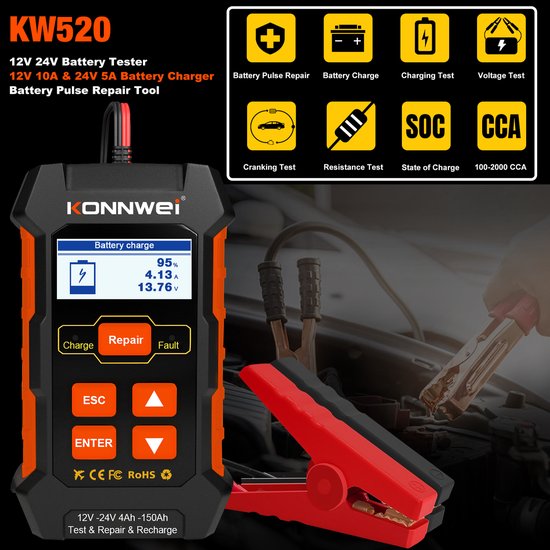 Accutester voor diverse Accu's - 12 en 24V - AGM, EFB, Gel en Lood - Zwart