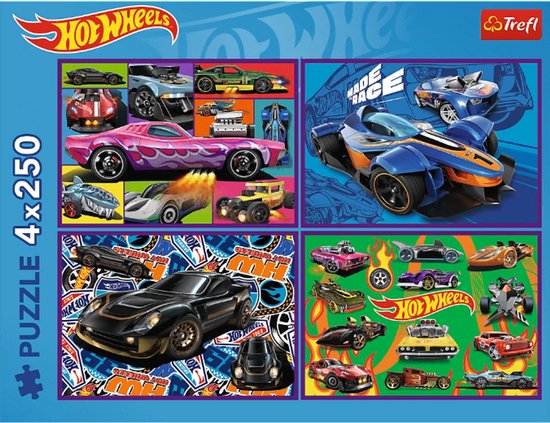 Trefl Hot Wheels - Puzzelset 4-in-1 - 250 stuks - 33x23 cm - Kalanderd Papier; Milieuvriendelijk