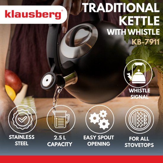 Klausberg 7911 - Fluitketel met fluit - 2.5 liter - RVS - zwart