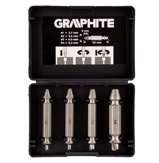 GRAPHITE schroefuitdraaiset - schroefverwijderaar - M5 tot M14 - 1/4" HEX aansluiting - 4 stuks
