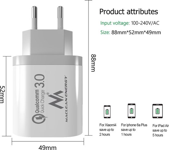 Maclean Energy MCE479 W - Adapter oplader - Oplaadstekker - wit Qualcomm Quick Charge QC 3.0 - 3.6-6VV / 3A, 6-9V / 2A, 9-12V / 1.5A en 2 stopcontacten 5V / 2.1A Wit