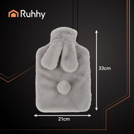 Ruhhy Warmwaterkruik 1.8L – 33 × 21 cm – zachte pluche hoes, langdurige warmte en pijnverlichting voor thuisgebruik