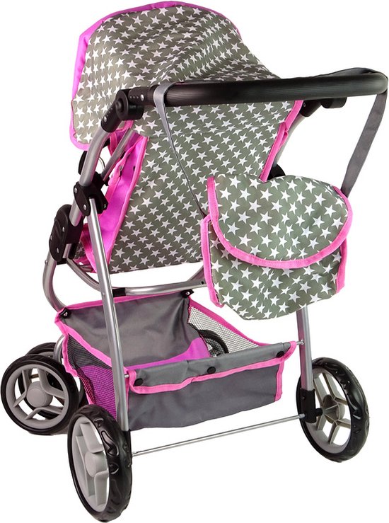 2-in-1 Poppenwagen met tas - Grijs, roze, wit met sterren - Kinderwagen en reiswieg voor poppen tot 40 cm - Geschikt vanaf 3 jaar