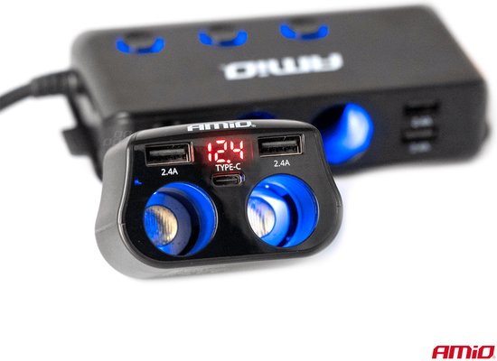 AMiO Dubbele Sigarettenaansteker Plug Splitter met (2x USB-A & 1x USB-C) 12V/24V en Voltmeter Zwart