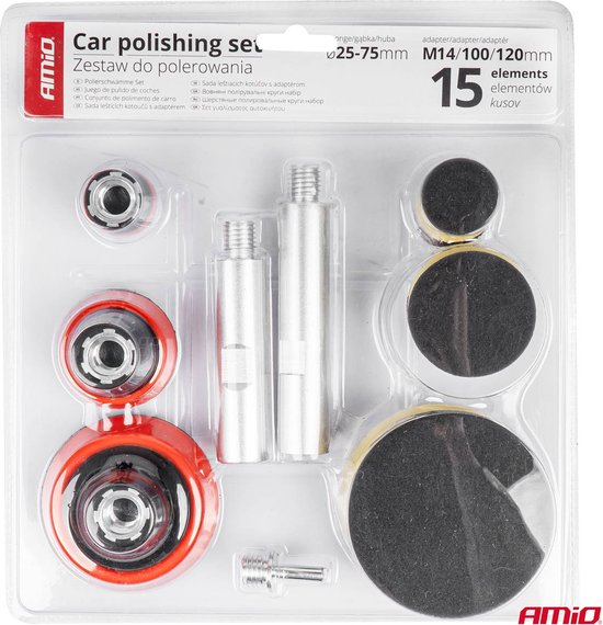 AMiO Auto Polijst Schijven Complete Set (15 stuks) Rood-Geel-Zwart