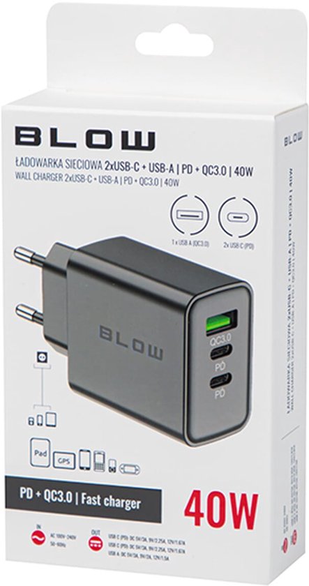 BLOW USB Lader 40W - Snellader met 2x USB-C & USB-A - PD & QC3.0 - Zwart