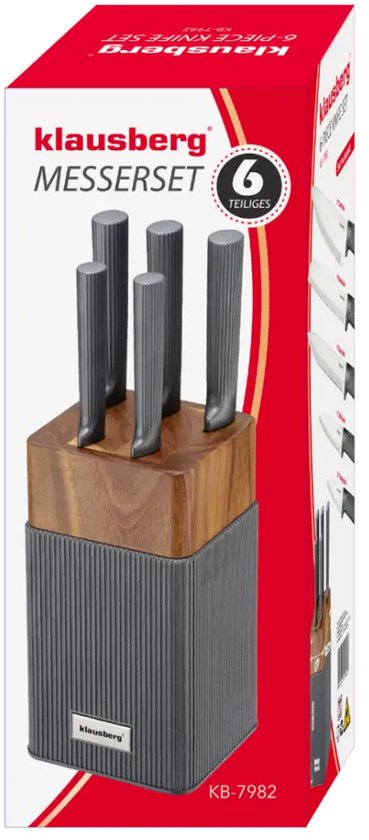 KLAUSBERG 6-Delige Messenset met blok – Acaciahouten Blok – RVS keukenmessen – Grafiet Handgrepen – KB-7982