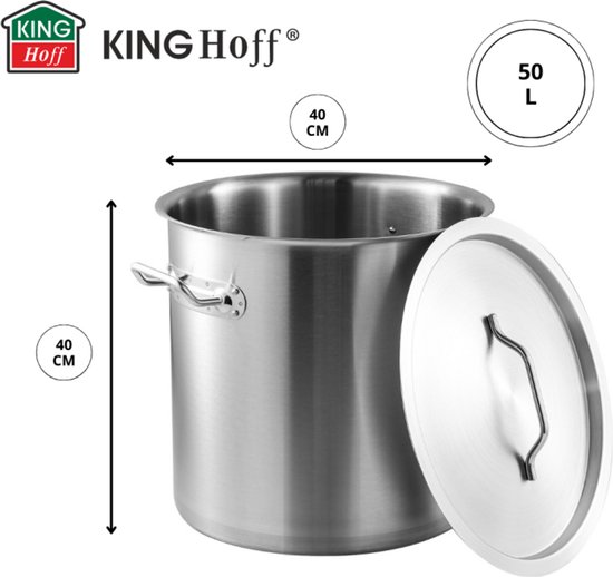 KINGHoff Kookpan 40 cm Ø, 50 Liter - RVS Professionele Stoofpan voor Horeca - Geschikt voor alle warmtebronnen inclusief inductie