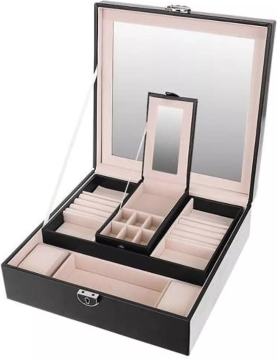 Beautylushh Sieradenkist - zwart - PU coating - 25 x 25 x 30 cm - sieradendoos - organizer - met sleutel