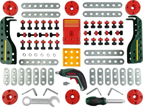 Klein Toys Bosch mini - Multitech Ixolino II bouwpakket - 107 onderdelen, schroevendraaier, steeksleutel en accuschroevendraaier - incl. handleiding voor 11 modellen - groen rood geel