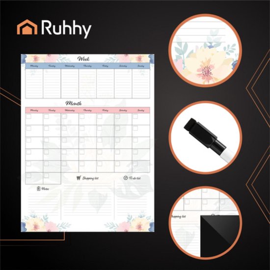 Ruhhy magnetische koelkastplanner 60x45 cm – droog uitwisbare week- en maandplanner met marker