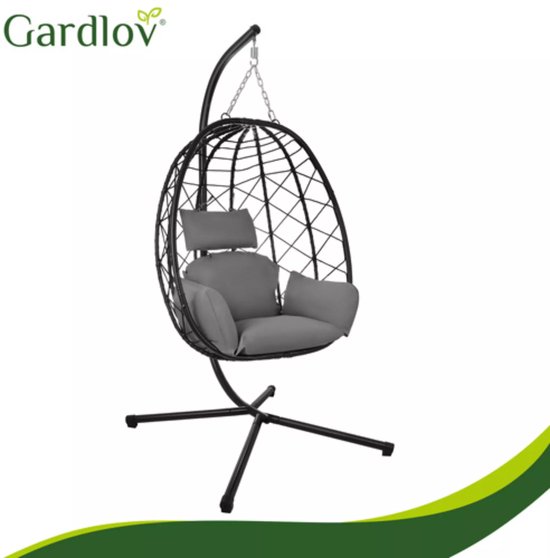 Gardlov Hangstoel cocoon met frame zwart en grijze kussens 194 cm draagkracht 150 kg voor tuin, terras of balkon