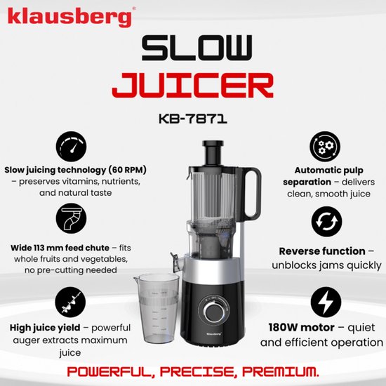 Nieuw - Klausberg KB-7871 Slowjuicer – Cold Press - Stille verticale juicer sapcentrifuge met brede vulopening – Fruitpers - Zwart/Zilver