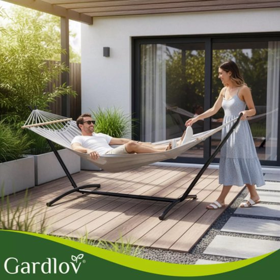 Gardlov Grijze tweepersoons hangmat met frame 200 x 150 cm belastbaar tot 250 kg