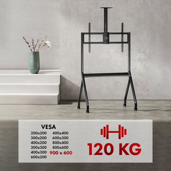 Maclean TV-standaard / trolley, camera plank, op wielen, 55-100", max. belasting 120kg/10kg plank, max. VESA 900x600, zwart, MC-114 B