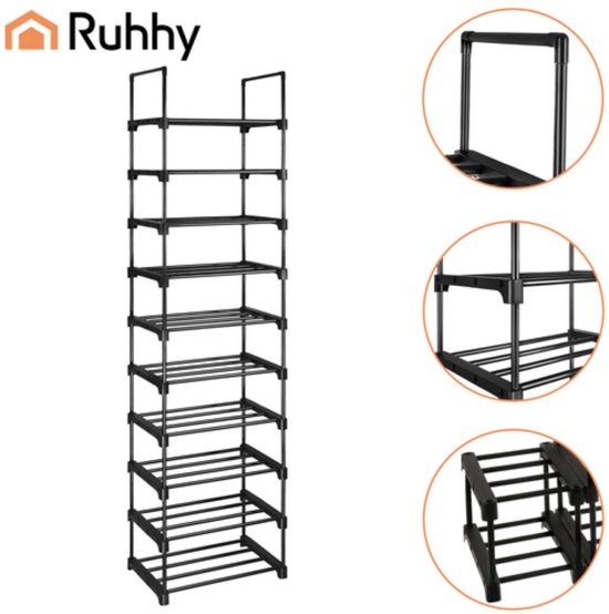 Ruhhy Schoenenrek 10 niveaus 45 x 30 x 174 cm zwart, tot 20 paar schoenen met extra slippersschap