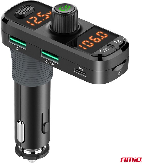 Car FM Transmitter 2×USB-A 1×USB-C microSD 12V 24V – Bluetooth, Hands-Free Bellen en L-vormige Behuizing