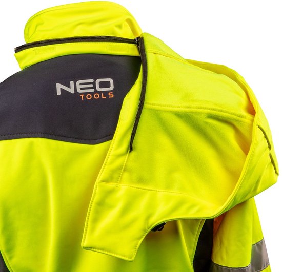 Neo Tools Hi-Vision Softshell Jas Flu Geel XXXL/58 Donkere Stof Water En Wind Bestendig ISO 20471:2013 ISO 13688:2013