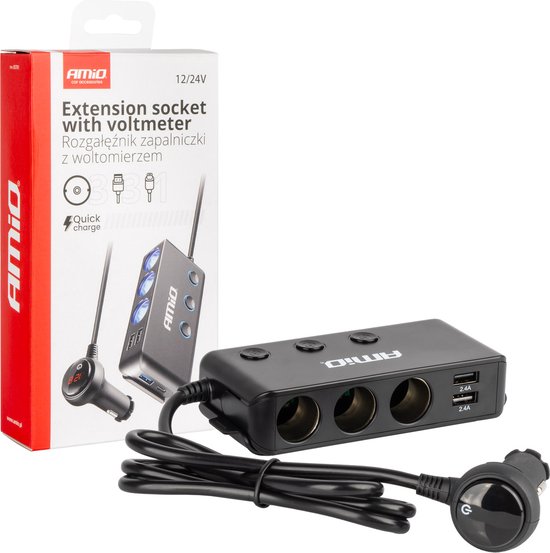 AMiO 3 Dubbele Sigarettenaansteker Plug Splitter met (3x USB-A & 1x USB-C) 12V/24V en Voltmeter Zwart