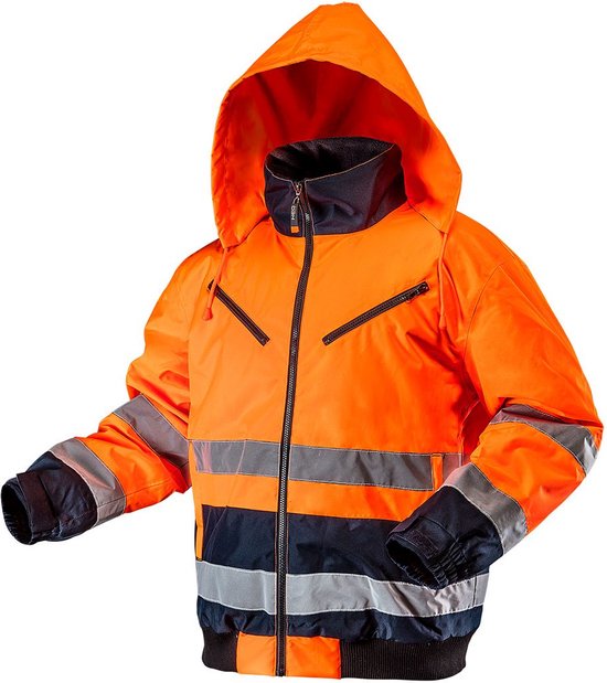 Neo Tools Hi-Vision Gevoerde Werk Jas Flu Oranje L/52 Donkere Stof Water En Wind Bestendig ISO 20471:2013 ISO 13688:2013