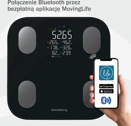Klausberg 7854 - Slimme Bluetooth Personenweegschaal met Lichaamsanalyse – Gewicht, BMI, Vetpercentage, Spiermassa, Kleurendisplay - Zwart
