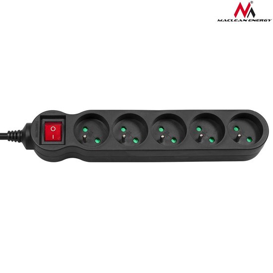 Stekkerdoos 5-voudig met penaarde Maclean Energy MCE185 5 m snoer verlengsnoer zwart