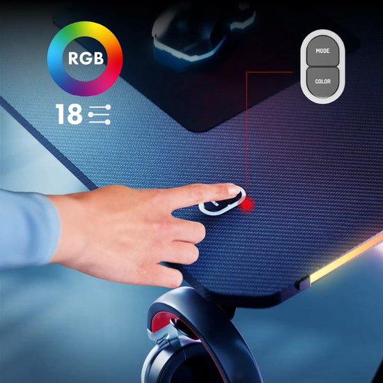 NanoRS - Gaming bureau met koptelefoon- en bekerhouder - RGB-achtergrondverlichting, max. 75kg, afmetingen 1200x600x750mm, RS102 - Zwart